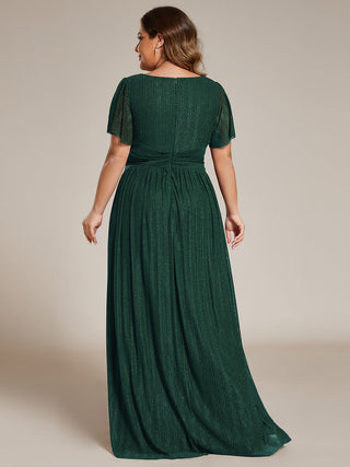 Short Sleeve Ruffle V-Neck High Stretch A-Line Floor Length Evening Dresses