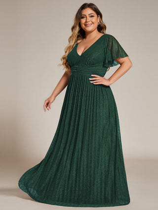 Short Sleeve Ruffle V-Neck High Stretch A-Line Floor Length Evening Dresses