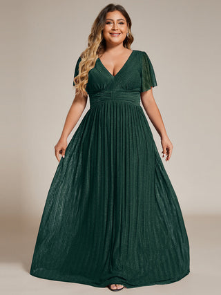 Short Sleeve Ruffle V-Neck High Stretch A-Line Floor Length Evening Dresses