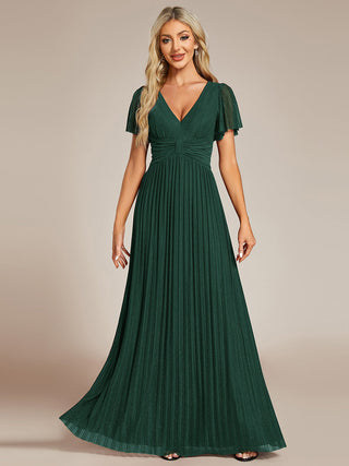 Short Sleeve Ruffle V-Neck High Stretch A-Line Floor Length Evening Dresses
