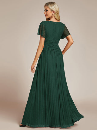 Short Sleeve Ruffle V-Neck High Stretch A-Line Floor Length Evening Dresses