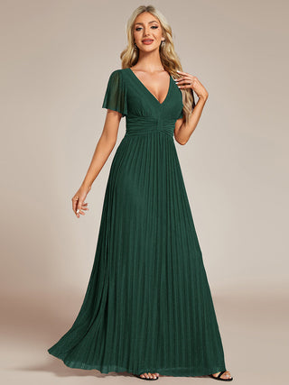 Short Sleeve Ruffle V-Neck High Stretch A-Line Floor Length Evening Dresses