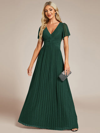 Short Sleeve Ruffle V-Neck High Stretch A-Line Floor Length Evening Dresses