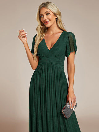 Short Sleeve Ruffle V-Neck High Stretch A-Line Floor Length Evening Dresses