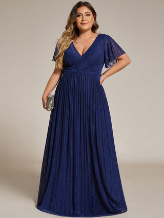 Short Sleeve Ruffle V-Neck High Stretch A-Line Floor Length Evening Dresses