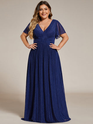 Short Sleeve Ruffle V-Neck High Stretch A-Line Floor Length Evening Dresses