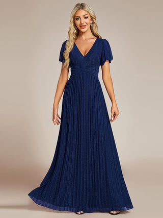 Short Sleeve Ruffle V-Neck High Stretch A-Line Floor Length Evening Dresses