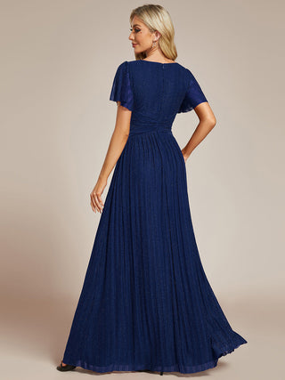 Short Sleeve Ruffle V-Neck High Stretch A-Line Floor Length Evening Dresses