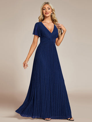 Short Sleeve Ruffle V-Neck High Stretch A-Line Floor Length Evening Dresses