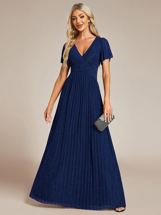 Short Sleeve Ruffle V-Neck High Stretch A-Line Floor Length Evening Dresses