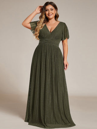 Short Sleeve Ruffle V-Neck High Stretch A-Line Floor Length Evening Dresses