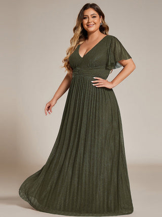 Short Sleeve Ruffle V-Neck High Stretch A-Line Floor Length Evening Dresses