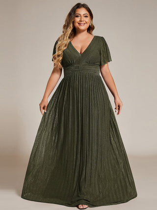 Short Sleeve Ruffle V-Neck High Stretch A-Line Floor Length Evening Dresses