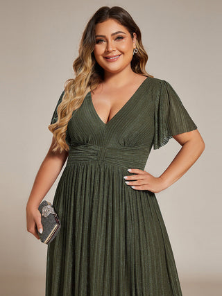 Short Sleeve Ruffle V-Neck High Stretch A-Line Floor Length Evening Dresses