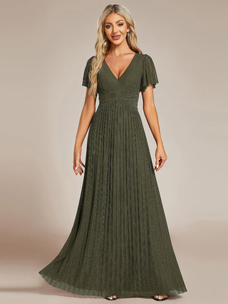 Short Sleeve Ruffle V-Neck High Stretch A-Line Floor Length Evening Dresses