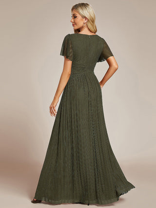 Short Sleeve Ruffle V-Neck High Stretch A-Line Floor Length Evening Dresses