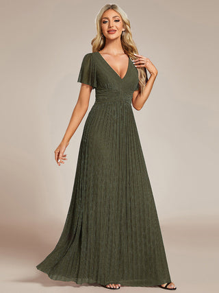 Short Sleeve Ruffle V-Neck High Stretch A-Line Floor Length Evening Dresses