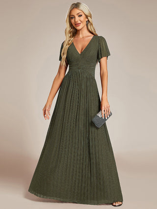 Short Sleeve Ruffle V-Neck High Stretch A-Line Floor Length Evening Dresses