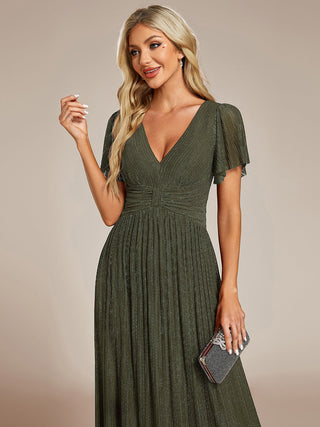Short Sleeve Ruffle V-Neck High Stretch A-Line Floor Length Evening Dresses
