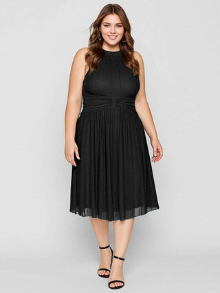 Slightly Stretchy Halter Neck Sleeveless A-Line Midi Evening Dresses