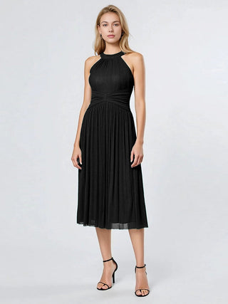 Slightly Stretchy Halter Neck Sleeveless A-Line Midi Evening Dresses