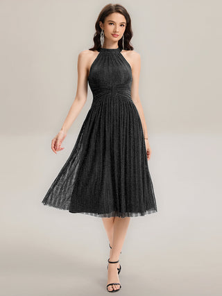 Slightly Stretchy Halter Neck Sleeveless A-Line Midi Evening Dresses