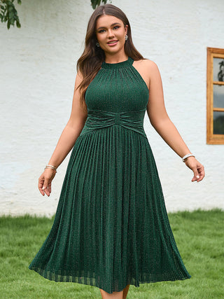 Slightly Stretchy Halter Neck Sleeveless A-Line Midi Evening Dresses