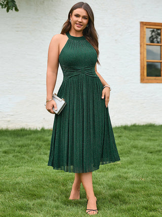 Slightly Stretchy Halter Neck Sleeveless A-Line Midi Evening Dresses