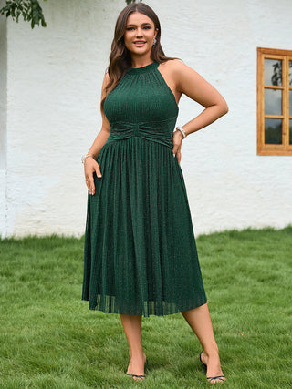 Slightly Stretchy Halter Neck Sleeveless A-Line Midi Evening Dresses