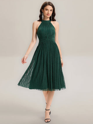 Slightly Stretchy Halter Neck Sleeveless A-Line Midi Evening Dresses