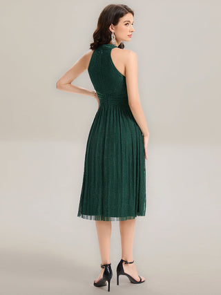 Slightly Stretchy Halter Neck Sleeveless A-Line Midi Evening Dresses