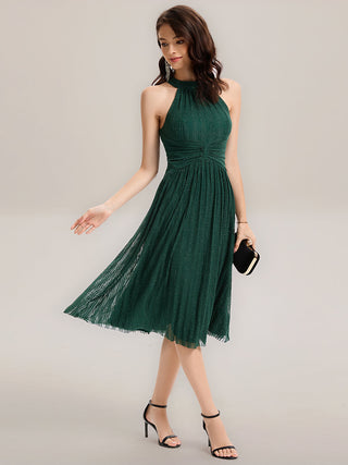 Slightly Stretchy Halter Neck Sleeveless A-Line Midi Evening Dresses