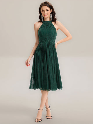 Slightly Stretchy Halter Neck Sleeveless A-Line Midi Evening Dresses
