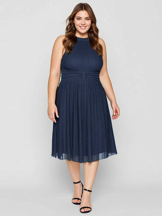 Slightly Stretchy Halter Neck Sleeveless A-Line Midi Evening Dresses