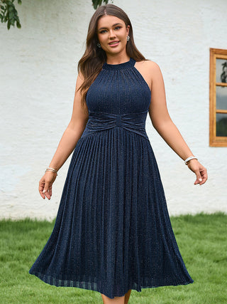 Slightly Stretchy Halter Neck Sleeveless A-Line Midi Evening Dresses