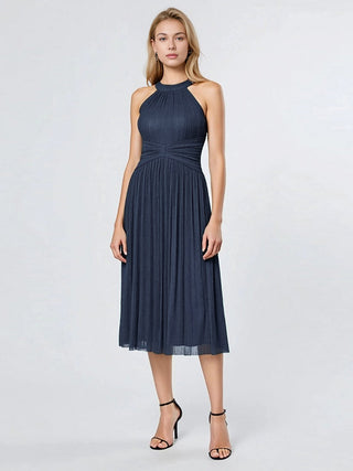 Slightly Stretchy Halter Neck Sleeveless A-Line Midi Evening Dresses