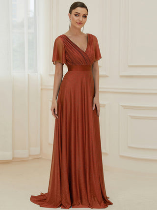 Deep V Neck Ruffles Sleeve A Line Evening Dresses