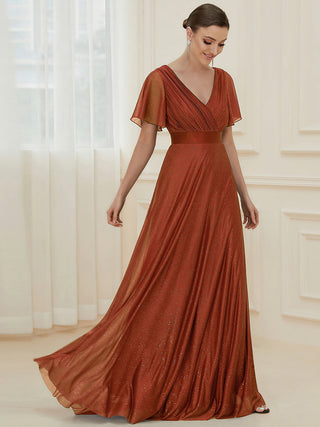 Deep V Neck Ruffles Sleeve A Line Evening Dresses