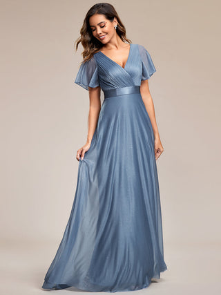 Deep V Neck Ruffles Sleeve A Line Evening Dresses