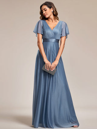 Deep V Neck Ruffles Sleeve A Line Evening Dresses