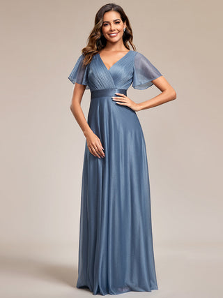 Deep V Neck Ruffles Sleeve A Line Evening Dresses