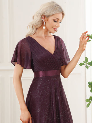 Deep V Neck Ruffles Sleeve A Line Evening Dresses