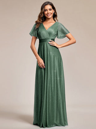 Deep V Neck Ruffles Sleeve A Line Evening Dresses