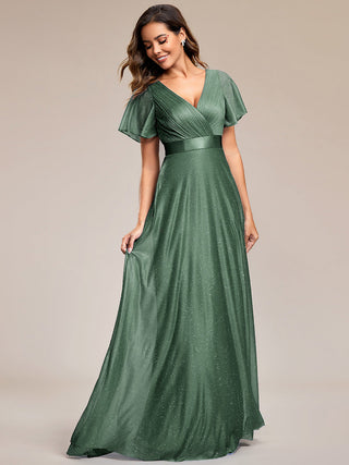 Deep V Neck Ruffles Sleeve A Line Evening Dresses