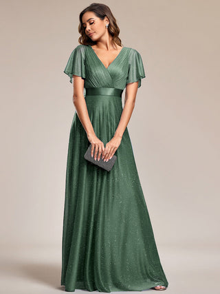 Deep V Neck Ruffles Sleeve A Line Evening Dresses