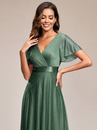 Deep V Neck Ruffles Sleeve A Line Evening Dresses