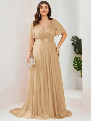 Deep V Neck Ruffles Sleeve A Line Evening Dresses