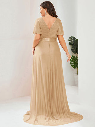 Deep V Neck Ruffles Sleeve A Line Evening Dresses