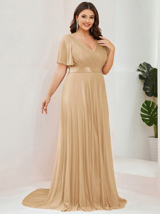 Deep V Neck Ruffles Sleeve A Line Evening Dresses
