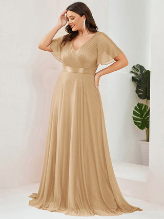 Deep V Neck Ruffles Sleeve A Line Evening Dresses